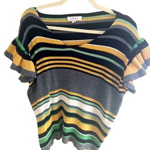 THML Women’s Sweater Size Medium Black Yellow Stripes Flutter‎ Sleeves Cotton